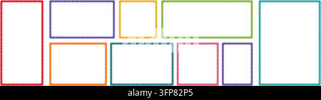 Hand drawn colorful crayon rectangle frame collection with rough textured outlines, geometric borders and blank layouts for playful graphic design Stock Vector