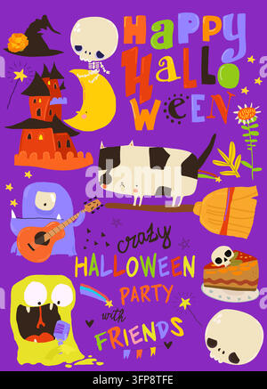 Cute Cartoon Set With Funny Monsters, Pumpkins and Halloween Elements Stock Vector