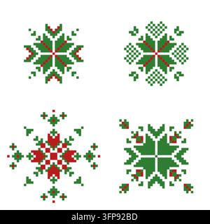 Traditional green and red Ukrainian geometric Christmas embroidery motif. Symmetrical folk ornament with decorative cross stitch elements on a transpa Stock Vector