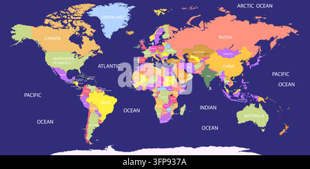 Colorful world map with all countries names. High Detail World map. Stock Vector