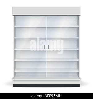 Empty transparent store isolated, shelving for product shop display vector illustration. Retail store, supermarket or exhibition furniture design. Stock Vector