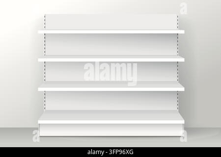 White empty store shelves. Retail shelf rack. Showcase display. Vector illustration. Realistic 3d vector illustration. Stock Vector