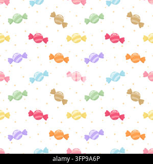 Cute seamless pattern featuring colorful pastel wrapped candies with small stars and dots on a white background. Sweet playful design for wrapping pap Stock Vector