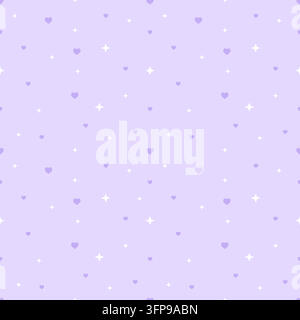 Cute seamless pattern featuring purple hearts and white sparkling stars on a soft pastel purple background. Dreamy design for wrapping paper, wallpape Stock Vector