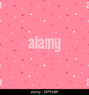 Cute seamless pattern featuring coral pink hearts and white sparkling stars on a vibrant coral pink background. Sweet romantic design for Valentine, w Stock Vector
