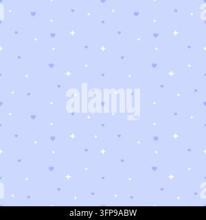 Soft seamless pattern with blue hearts and white sparkling stars on a pastel blue background. Cute minimal design for wallpaper, wrapping paper, texti Stock Vector