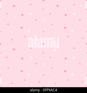 Cute seamless pattern with small pink hearts and white sparkling stars on a soft light pink background. Sweet pastel design for Valentine, wrapping pa Stock Vector