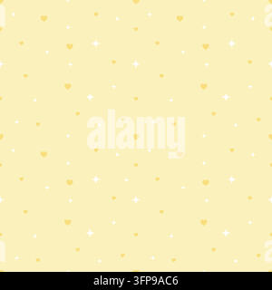 Cute seamless pattern featuring yellow hearts and white sparkling stars on a soft pastel yellow background. Cheerful minimal design for wrapping paper Stock Vector