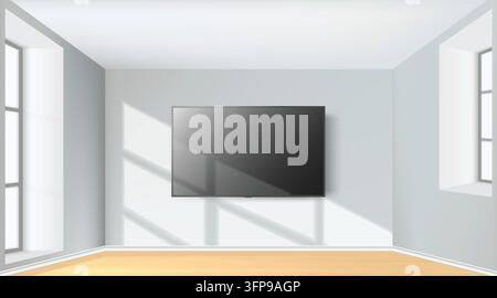 Realistic vector illustration empty room with modern smart television display on the sunlight wall Stock Vector