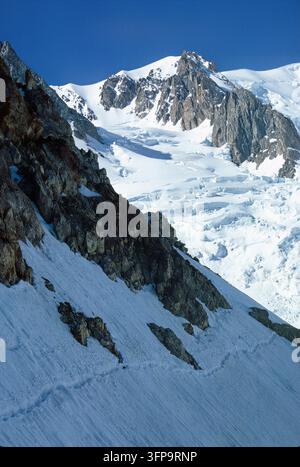 A stunning view showcases a massive glacier flowing down from towering, snow-capped peaks. The scene conveys the raw beauty and scale of the high alpi Stock Photo