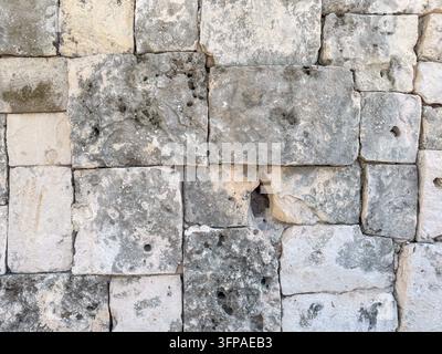 Ancient Mayan Limestone Block Wall with Porous Coral Stone – Historic Archaeological Texture Background Stock Photo