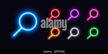 Search neon icon, glowing magnifying glass outline. Stock Vector