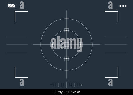 A high-tech digital camera viewfinder overlay featuring a central crosshair, circular targeting reticles, and various HUD elements on a dark backgroun Stock Vector