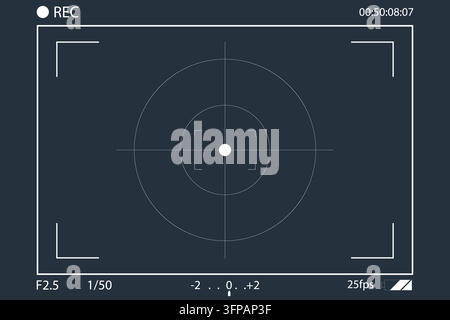 A digital camera viewfinder screen overlay featuring a recording indicator, focus reticle, exposure settings, and frame markers on a dark background. Stock Vector