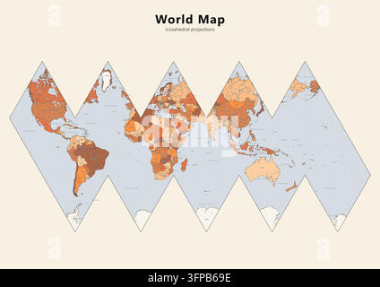 Icosahedral projection world map poster, geometric dymaxion global continent illustration Stock Vector
