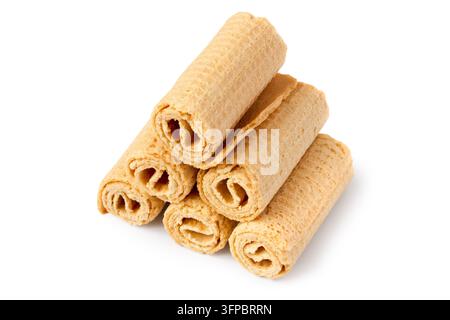 A bunch of waffle rolls on a white background. Close-up of sweet waffle rolls Stock Photo