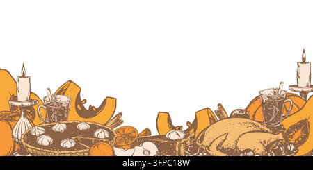 Traditional Thanksgiving candlelight dinner. Vector template with a text place. Autumn pumpkin pie with whipped cream, mulled wine, and roast turkey. Ink drawing in an engraving style. Harvest season. Stock Vector