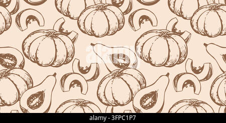 Vector background whole pumpkins and slices. Seamless pattern in an engraving style. Hand drawn illustration for Thanksgiving and Halloween. Vintage element. Linear ink drawing of autumn gourd. Stock Vector