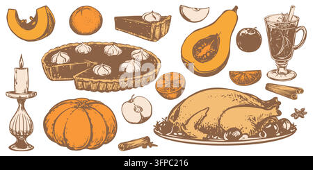 A traditional set of elements for a Thanksgiving dinner. Vector illustration in sketch style. Autumn pumpkin pie with whipped cream, mulled wine, and roasted turkey. Ink drawing in an engraving style. Stock Vector