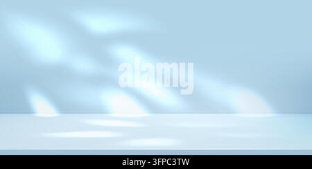 Blue product studio background with 3d sun light, abstract gradient room. Minimal empty floor bg, cyan platform of podium and plant gobo stage Stock Vector