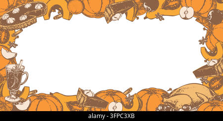 Horizontal vector frame with space for text. Autumn pumpkin pie with whipped cream, mulled wine and roast turkey. Ink drawing in engraving style. Template featuring a traditional Thanksgiving dinner. Stock Vector