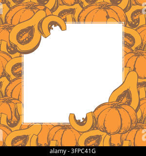 Vector square frame. Whole pumpkin and a slice, in an engraving style. Hand drawn sketch of an autumn vegetable gourd. Vintage template with space for text. Thanksgiving banner. Linear ink drawing. Stock Vector