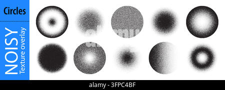 Grainy gradient point circle, sand powder vector for sprayed noisy paint. Gray abstract dust and shadow stipple effect. Charcoal diffuse round element Stock Vector