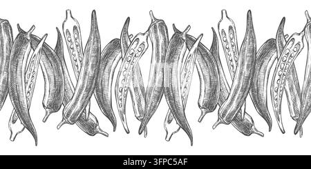Hand drawn sketch of okra. Detailed vector image of a fresh bhindi pod and its halves. Seamless horizontal pattern. Engraving style border. Linear ink drawing. Stock Vector