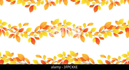 Vector background with autumn branches. A seamless pattern of orange and yellow beech leaves. Leaf fall season. Clip art with Elm leaves. Cartoon style illustration for packaging paper. Stock Vector