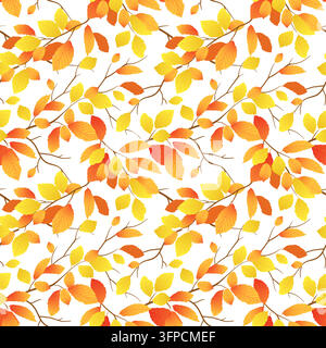 Vector background with Elm autumn branches. A seamless pattern of orange and yellow leaves. Leaf fall season. Clip art with beech leaves. Cartoon illustration for Thanksgiving Day packaging textiles. Stock Vector