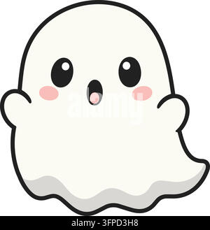 Flat illustration of a cute rounded white ghost with large sparkling black eyes pink cheeks and a small open smiling mouth Stock Vector