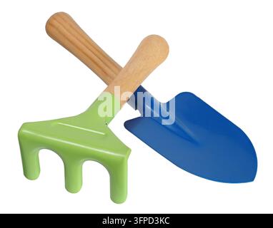 Blue garden trowel and green rake isolated on white background Stock Photo