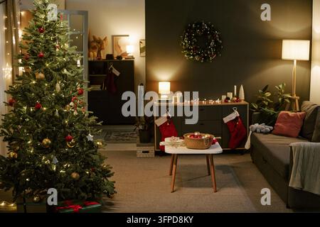 Cozy Living Room Decorated for Christmas Holiday Celebration Stock Photo