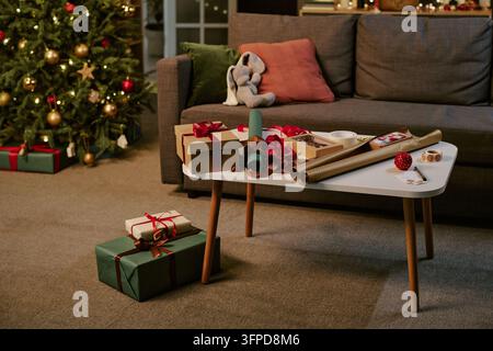 Christmas Gift Boxes with Wrapping Paper for Holiday Preparation Stock Photo