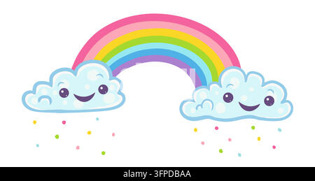 Vector illustration of a rainbow with clouds in kawaii style. Clouds with confetti and rainbow. Stock Vector