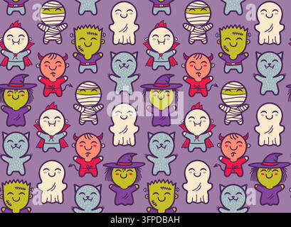 Vector seamless pattern with children in costumes for Halloween. Pattern with cute kids in Halloween monsters costumes. Halloween texture. Stock Vector