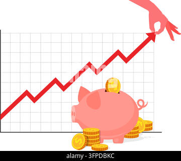 illustration of a hand lifting a financial chart arrow above a piggy bank filled with coins to show profit growth Stock Vector