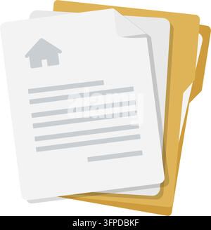 a yellow folder holding property paper, house contract, real estate file, and agreement document on white background. Stock Vector