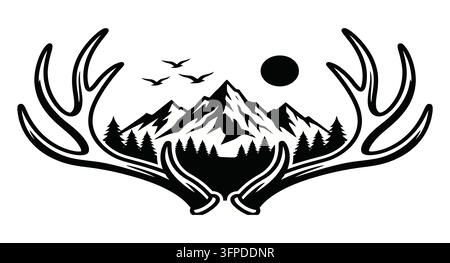 Large elk antlers framing a mountain landscape with pine trees and birds Stock Vector