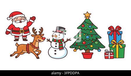 Set of cute cartoon christmas characters and decorations on white background Stock Vector