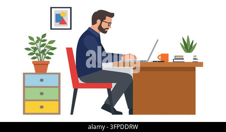 Man working at a desk with a laptop in cozy home office setting Stock Vector
