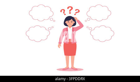 Businesswoman feeling confused and stressed with question mark thought bubbles Stock Vector