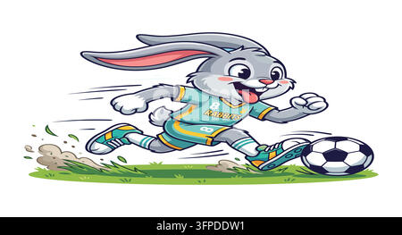 Cute Bunny Playing Soccer Vector – Cartoon Rabbit Football Player in Teal Sports Uniform Running with Soccer Ball Clipart Stock Vector