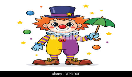 Cute cartoon clown holding a green umbrella with colorful confetti around Stock Vector