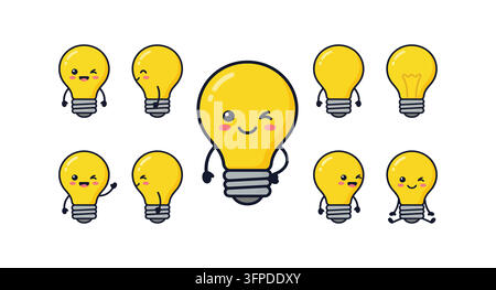 Set of cute light bulb characters with various expressions and angles Stock Vector