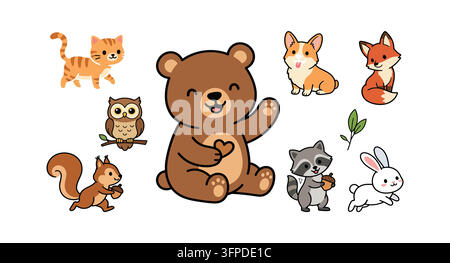 Set of cute woodland animals including bear cat owl squirrel corgi and rabbit Stock Vector