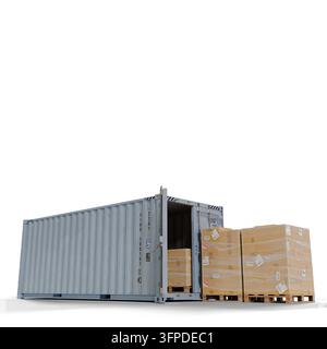 Cargo Shipping Container Loaded with Pallets and Cardboard Boxes for Logistics and Supply Chain  isolated on white background 3d illustration Stock Photo