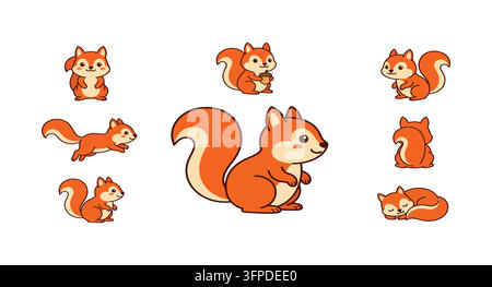 Collection of cute red squirrel cartoon characters in various actions Stock Vector