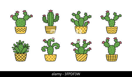 Set of cute hand drawn cactus plants in decorative patterned pots with botanical Stock Vector