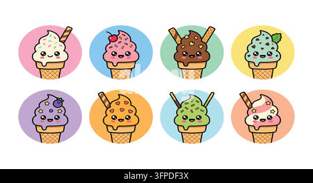 Set of cute kawaii style ice cream scoops in waffle cones with waffle cone Stock Vector